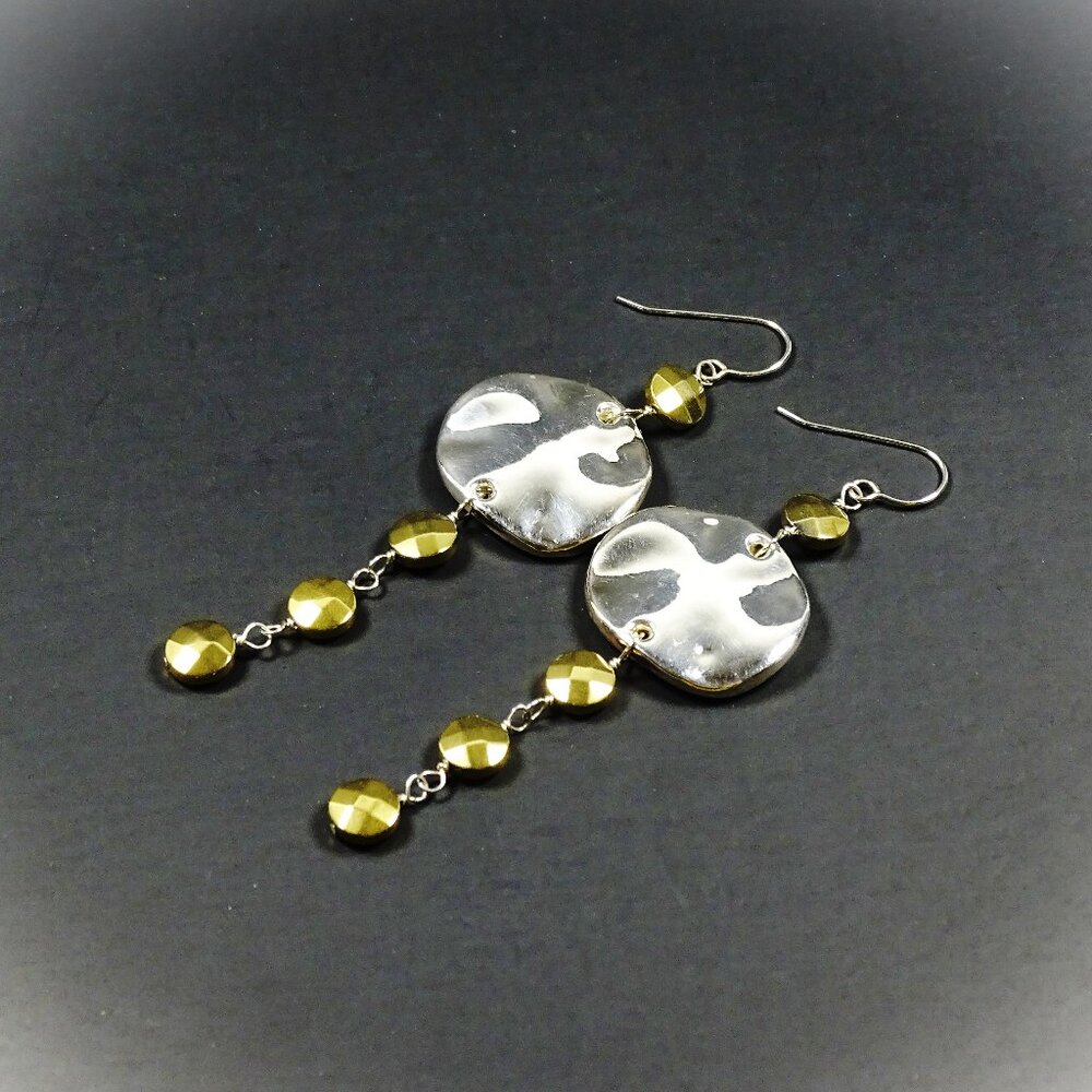 SIMON SEBBAG Sterling Silver Wavy Disk & Faceted Pyrite Beads Drop Earrings